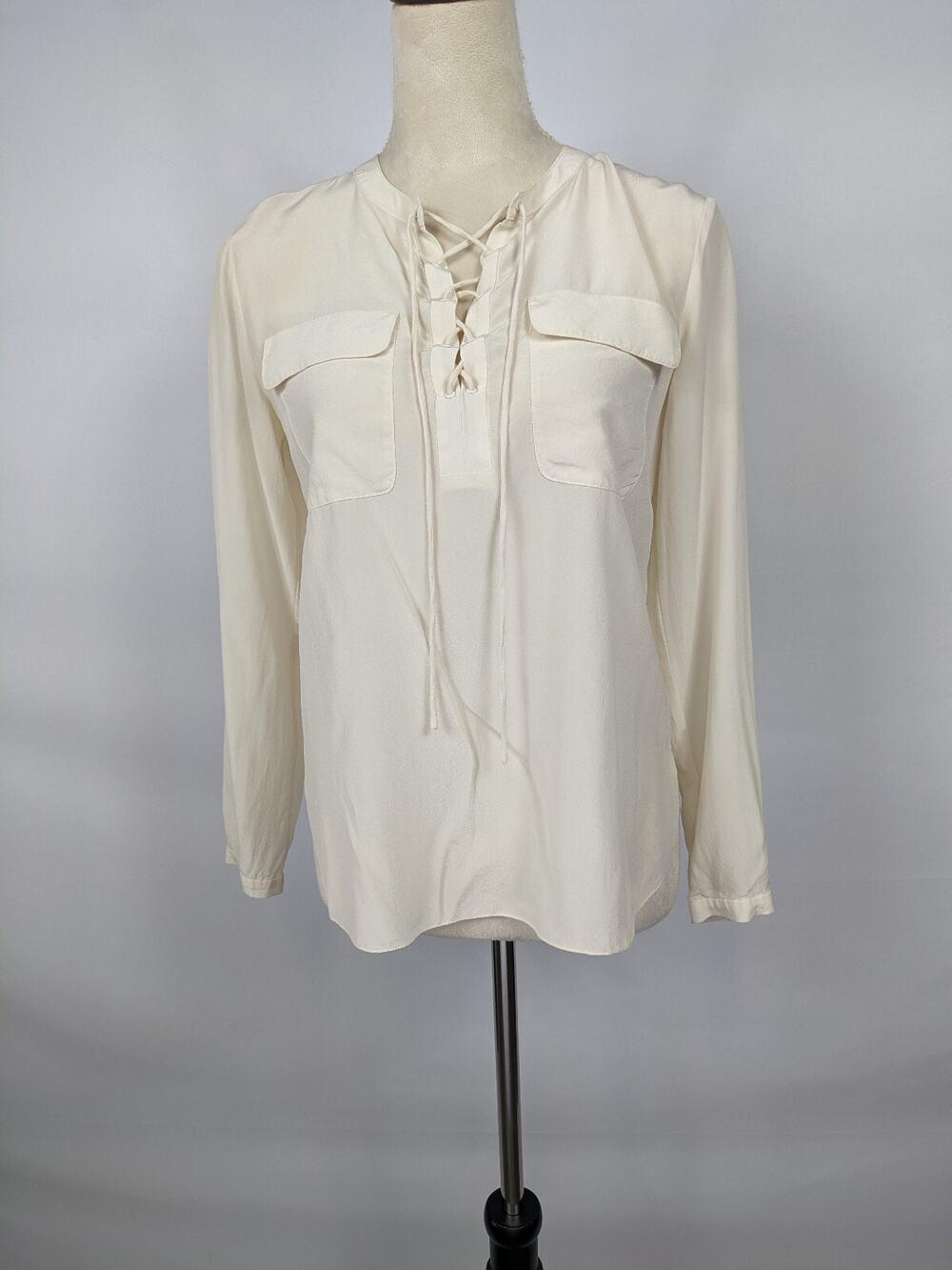 Magaschoni Silk Blouse Cream Ivory 2 Lace-up Neckline Pockets